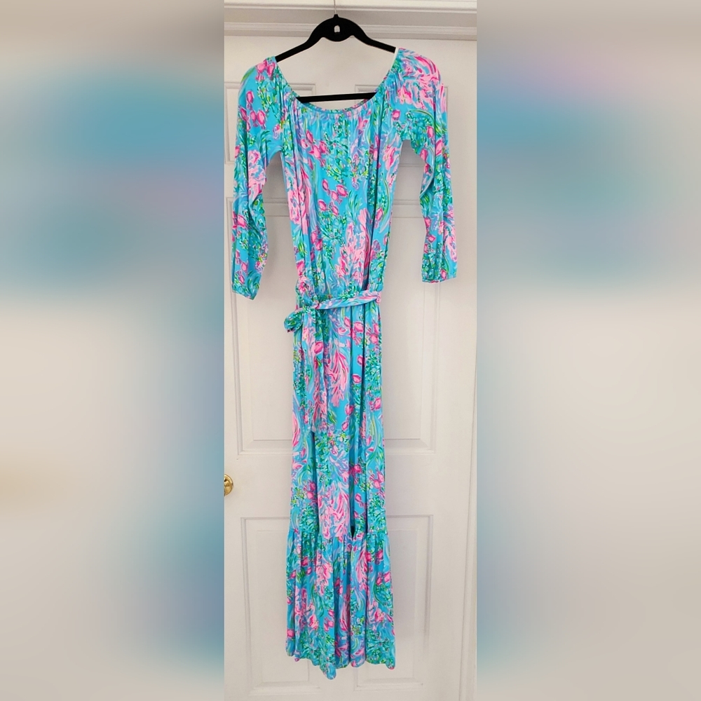 NWOT Lilly Pulitzer Odella Off The Shoulders Maxi dress in Amalfi Blue Best Fish